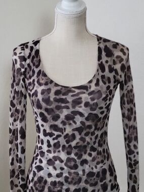 Vtg Bebe Y2K Leopard Print Mesh Long Sleeve Scoop Neck Top S Double Layered